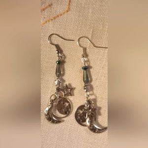Silvertone Crystal and Czech beads moon and star earrings